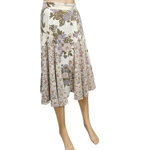 1960s Patchwork Brown Cream Handmade Floral Print Midi Mermaid Cut Skirt Size XS